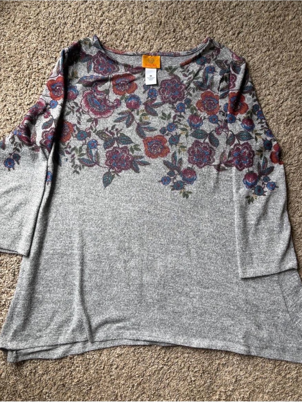 Ruby Rd. Gray Scoop Neck Tunic with Red & Blue Floral Yoke